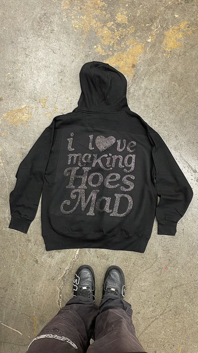 I LOVE MAKING HOES MAD GLITTER HOODIE BLACK hoesmad.la