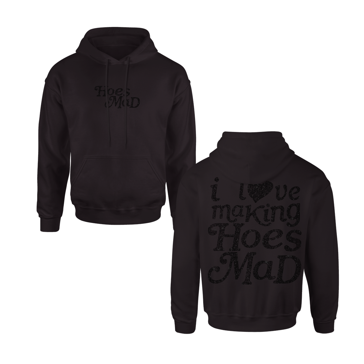 I LOVE MAKING HOES MAD GLITTER HOODIE - BLACK – hoesmad.la