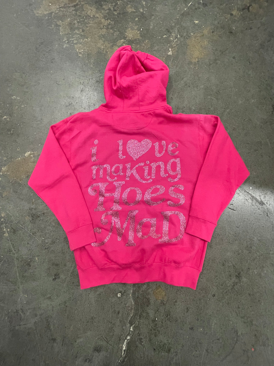 I LOVE MAKING HOES MAD GLITTER HOODIE HOT PINK hoesmad.la
