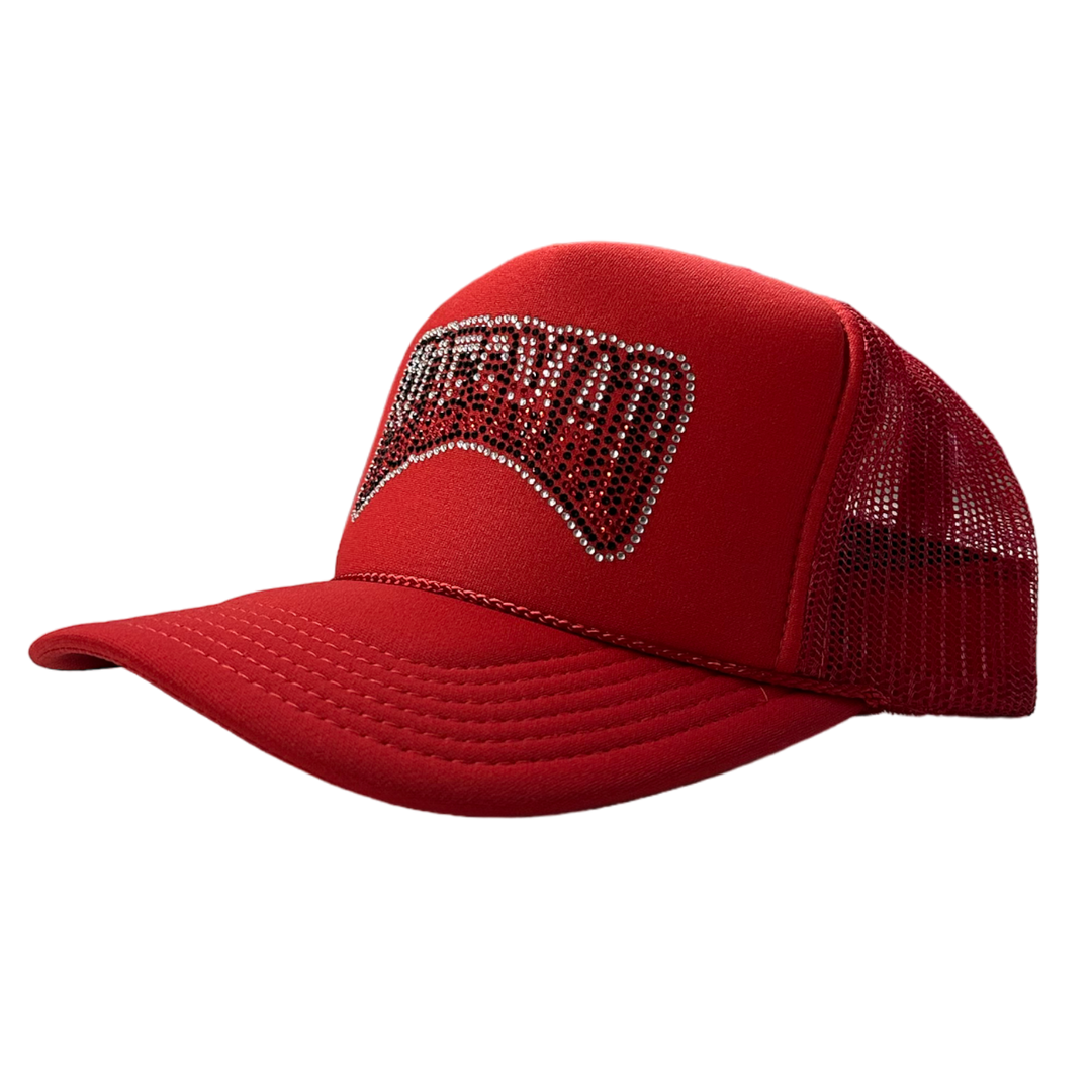 OMBRE RHINESTONE HOES MAD TRUCKER HAT - RED