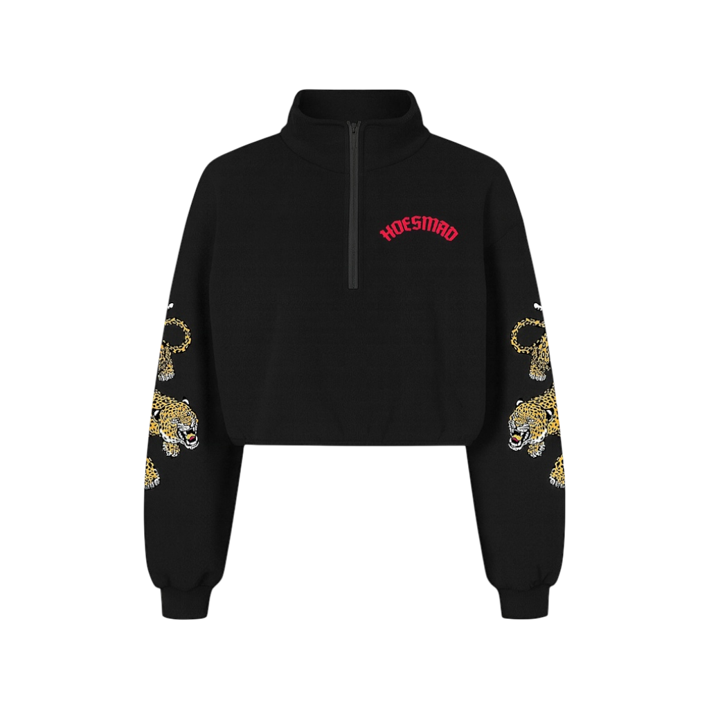 Hoes Mad Leopard Crop Sweatsuit Top (Black)
