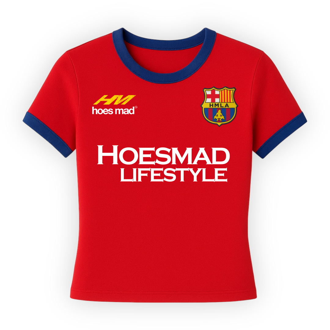 Hoes Mad Womens Soccer Tee (Red/Blue/Yellow)