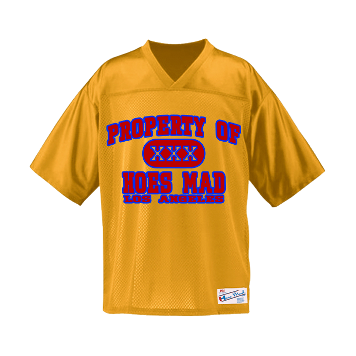 Property Of Hoesmad.la Football Jersey (Gold/Blue/Red)