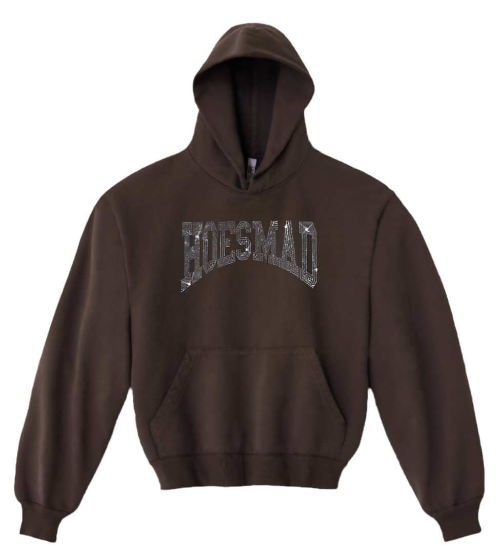 Hoesmad No Drawstring Rhinestone Hoodie (Brown)