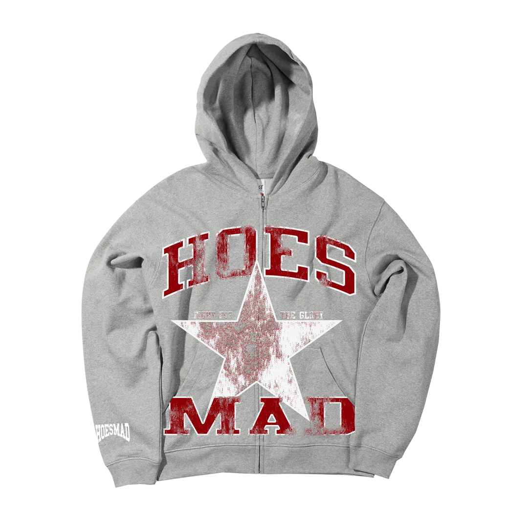 Hoes Mad Fight For Glory Zip Up Hoodie (Grey/Red)