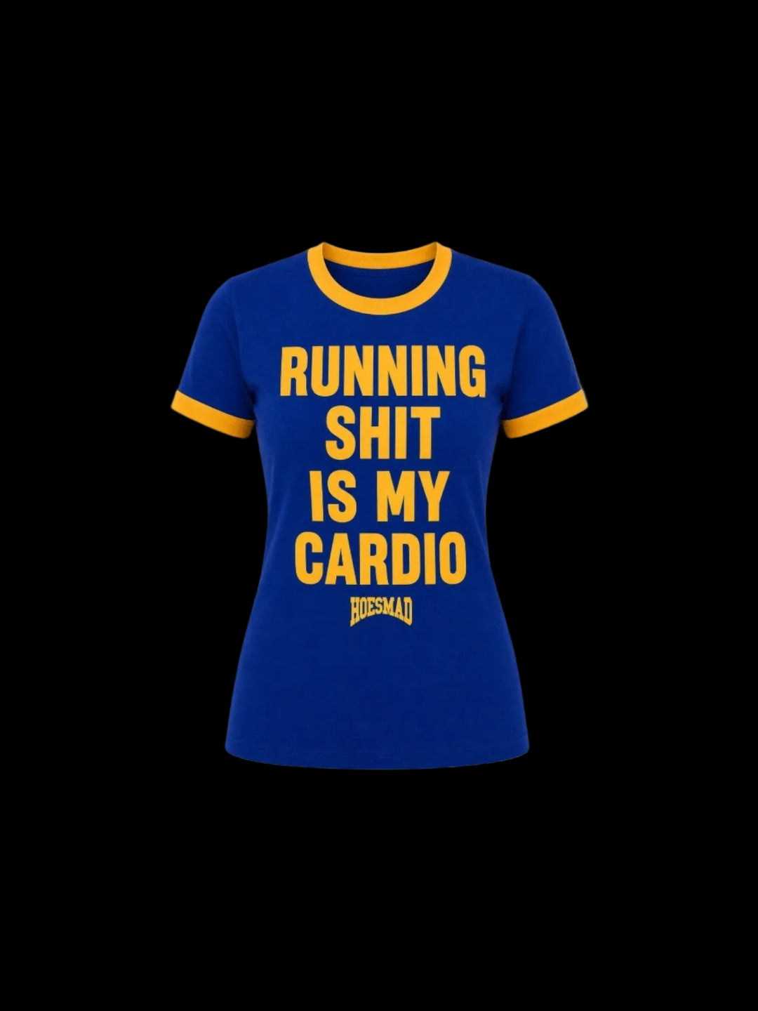 Running Shit Is My Cardio Poly Tee (blue/yellow)