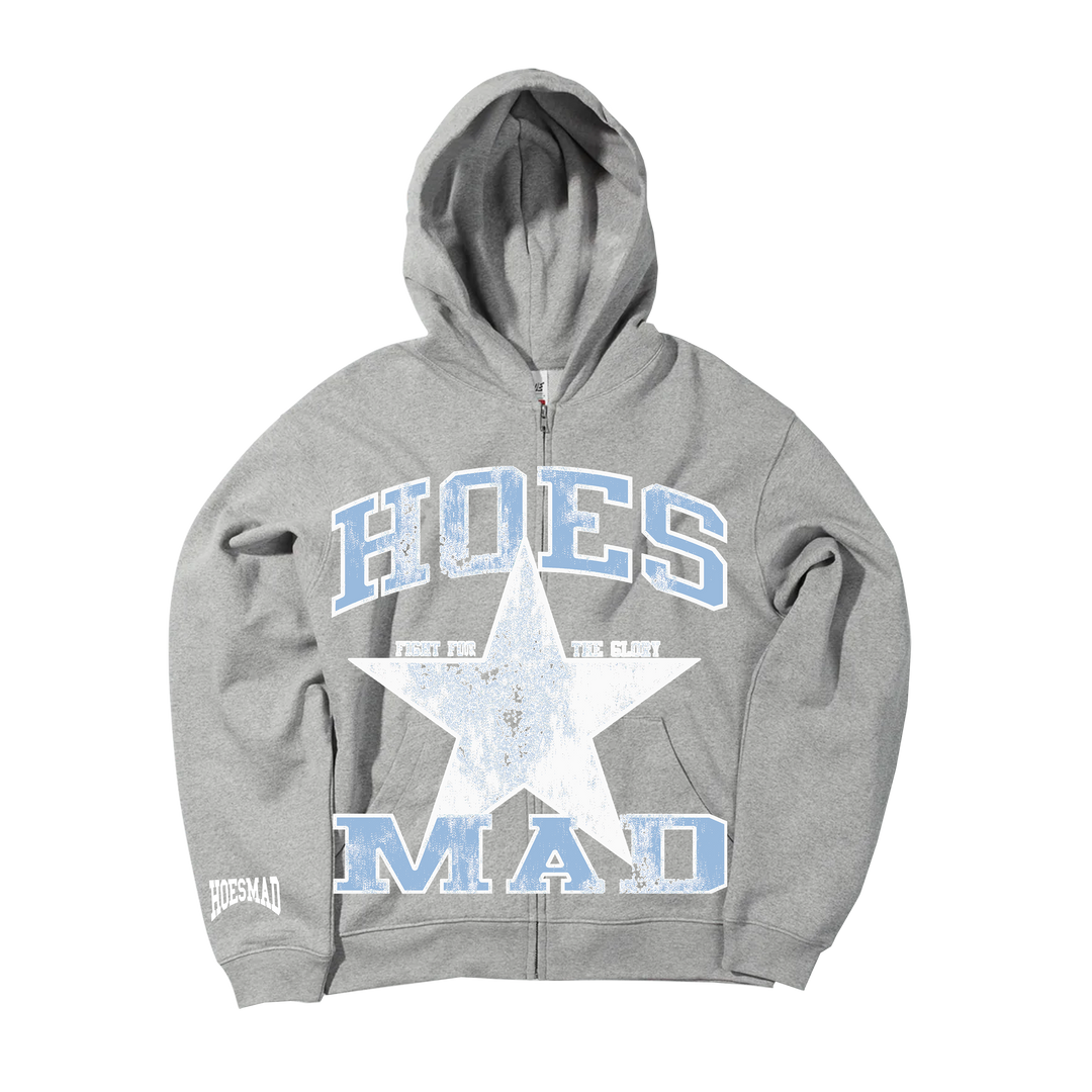 Hoes Mad Fight For Glory Zip Up Hoodie (Grey/Carolina Blue))