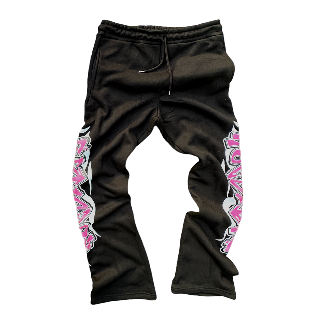 HOESMAD GRAFFITI FLARED STACKED PANTS - BLACK