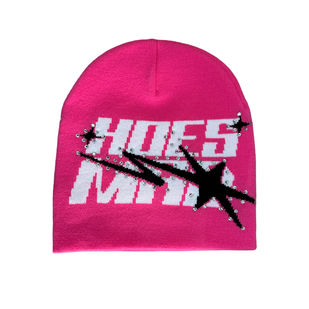 Hoesmad Rhinestone Beanie: Pink/Black/White