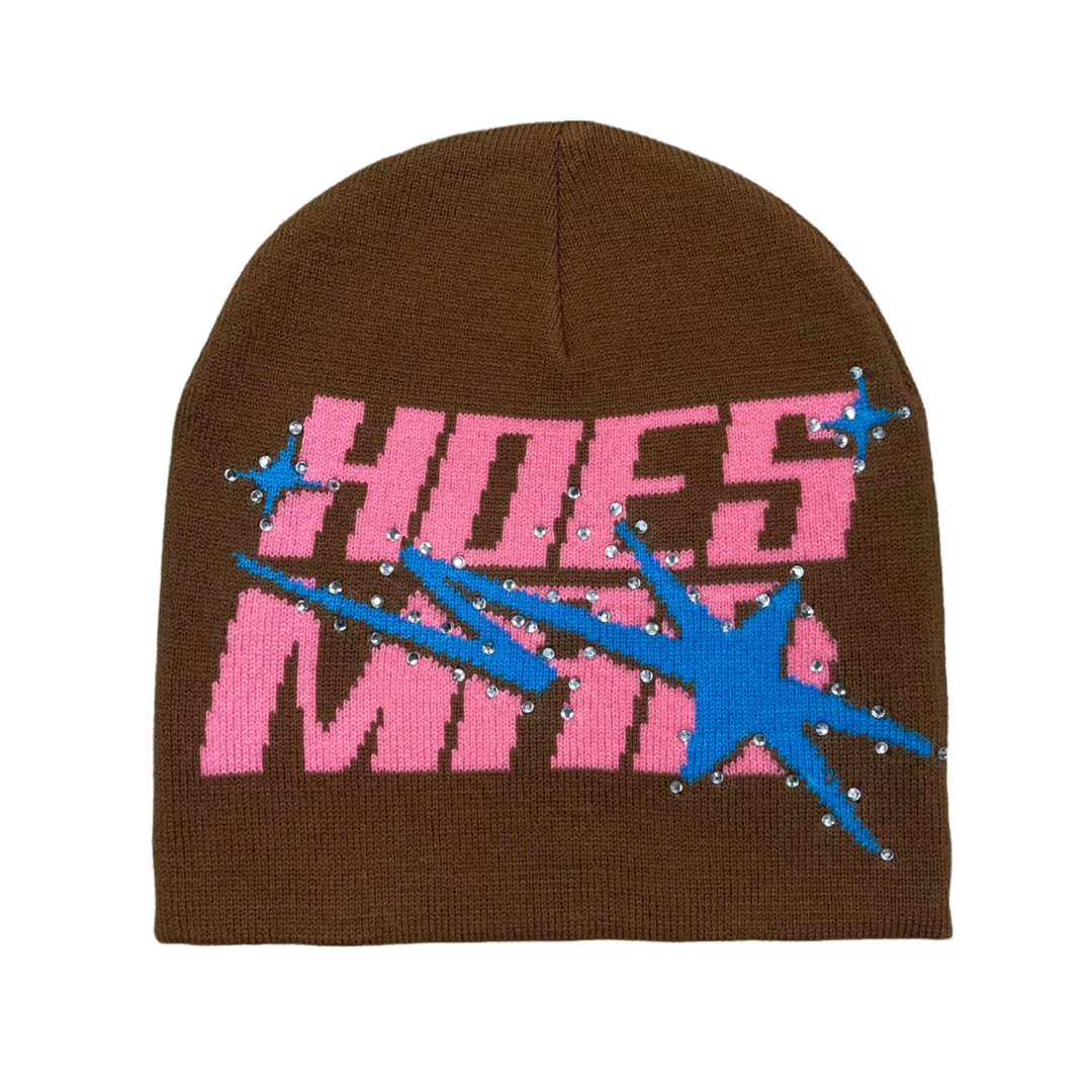 Hoesmad Rhinestone Beanie: Brown/Light Blue/Pink