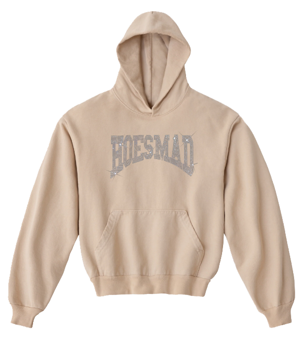 Hoesmad No Drawstring Rhinestone Hoodie (Beige)