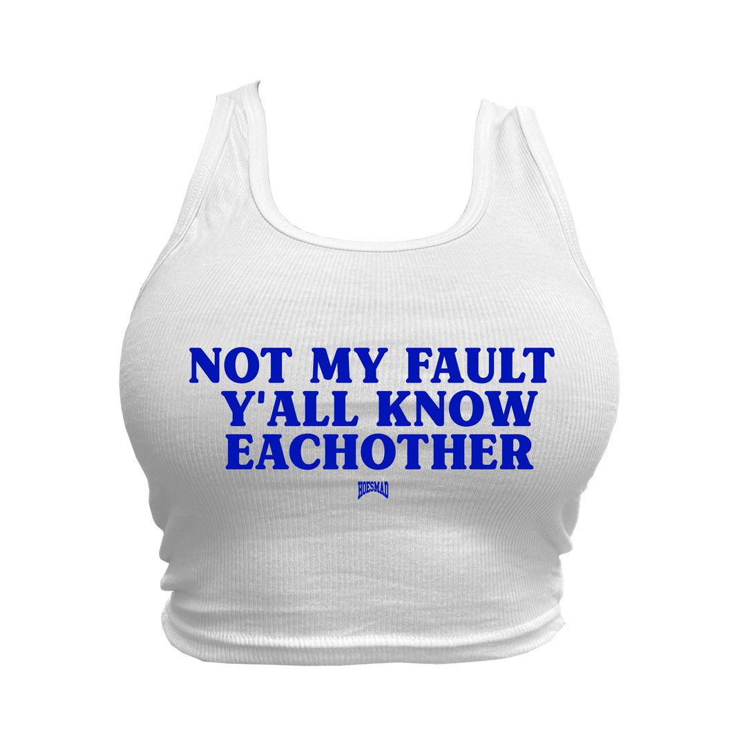 NOT MY FAULT CROPPED TANK - WHITE/BLUE