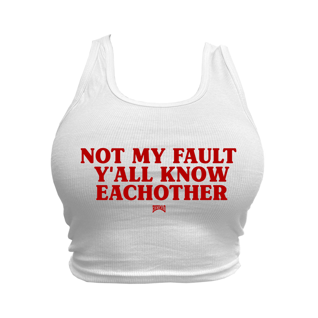 NOT MY FAULT CROPPED TANK - WHITE/RED