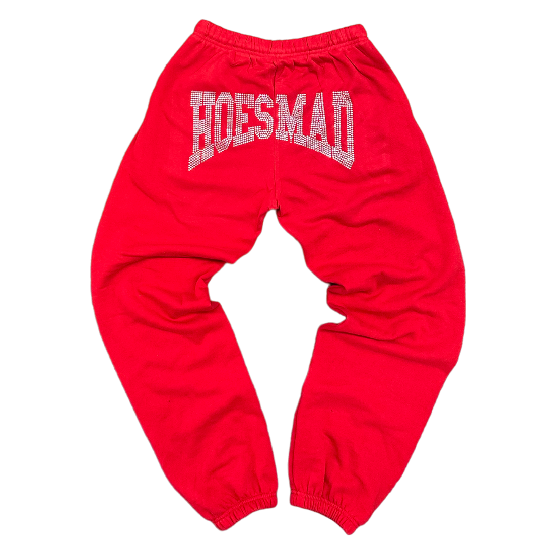 HOESMAD RHINESTONE WOMENS FLEECE SWEAT PANTS - RED