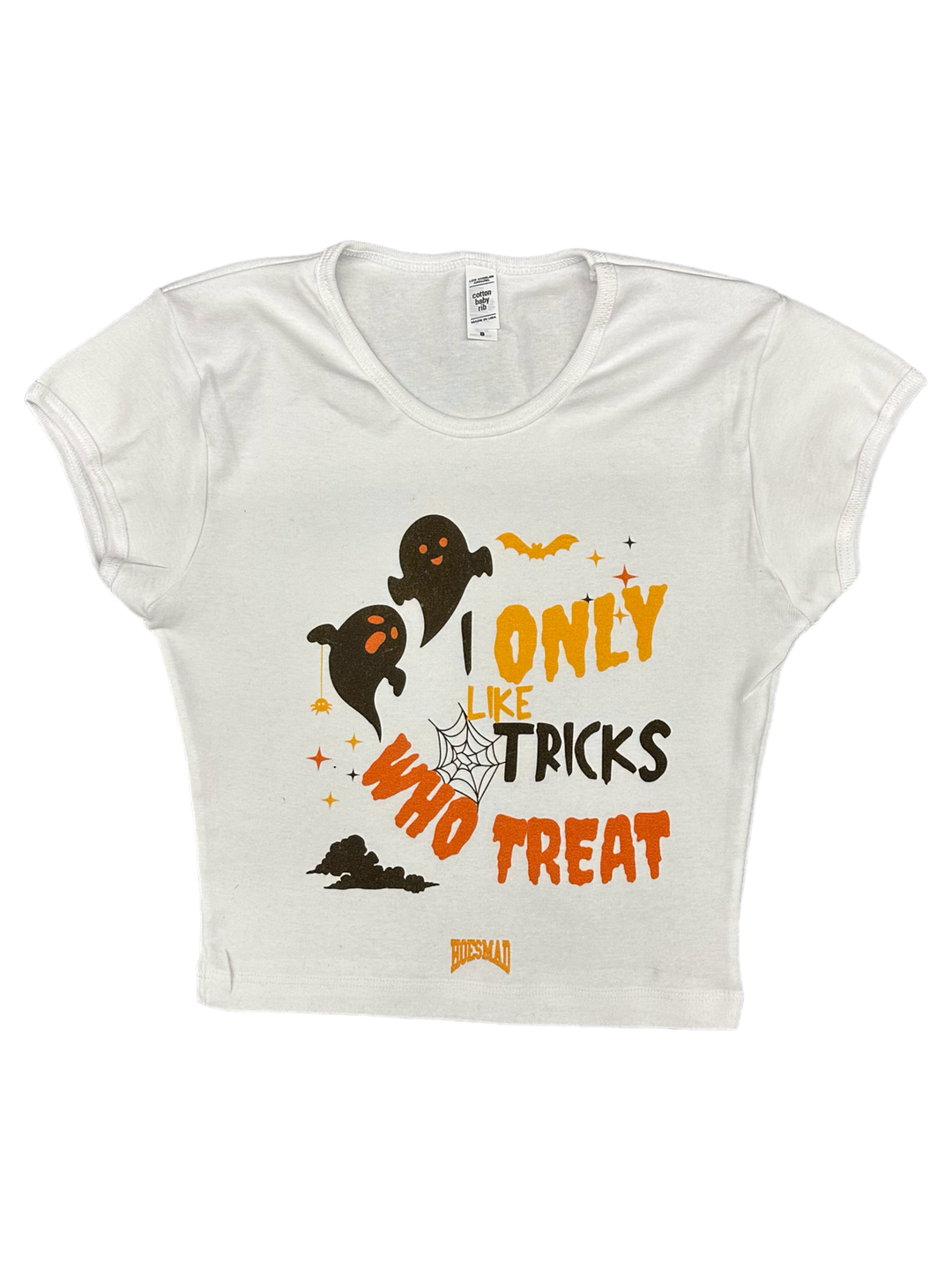 I ONLY LIKE TRICKS WHO TREAT BABY TEE - white