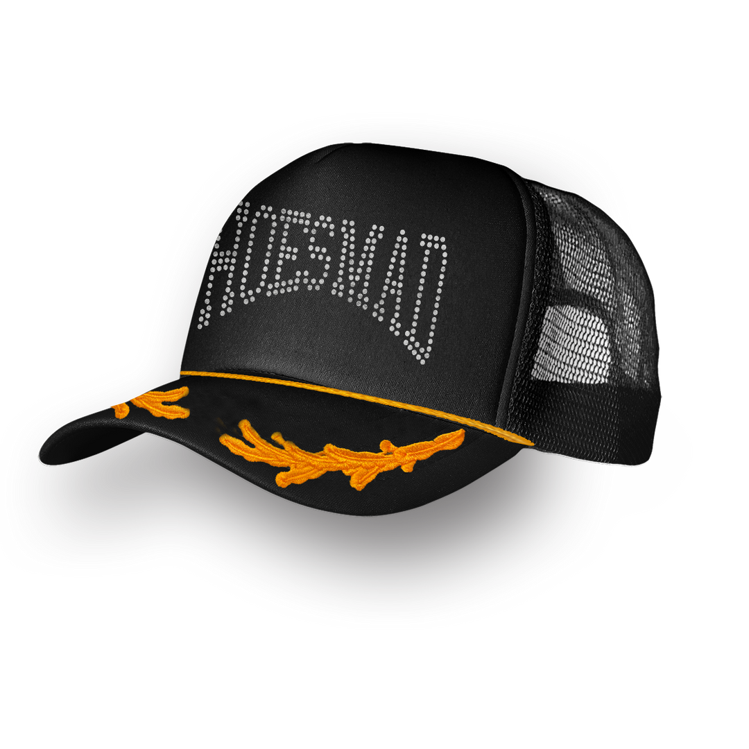 HOES MAD EMBROIDERED BRIM TRUCKER HAT - BLACK/YELLOW
