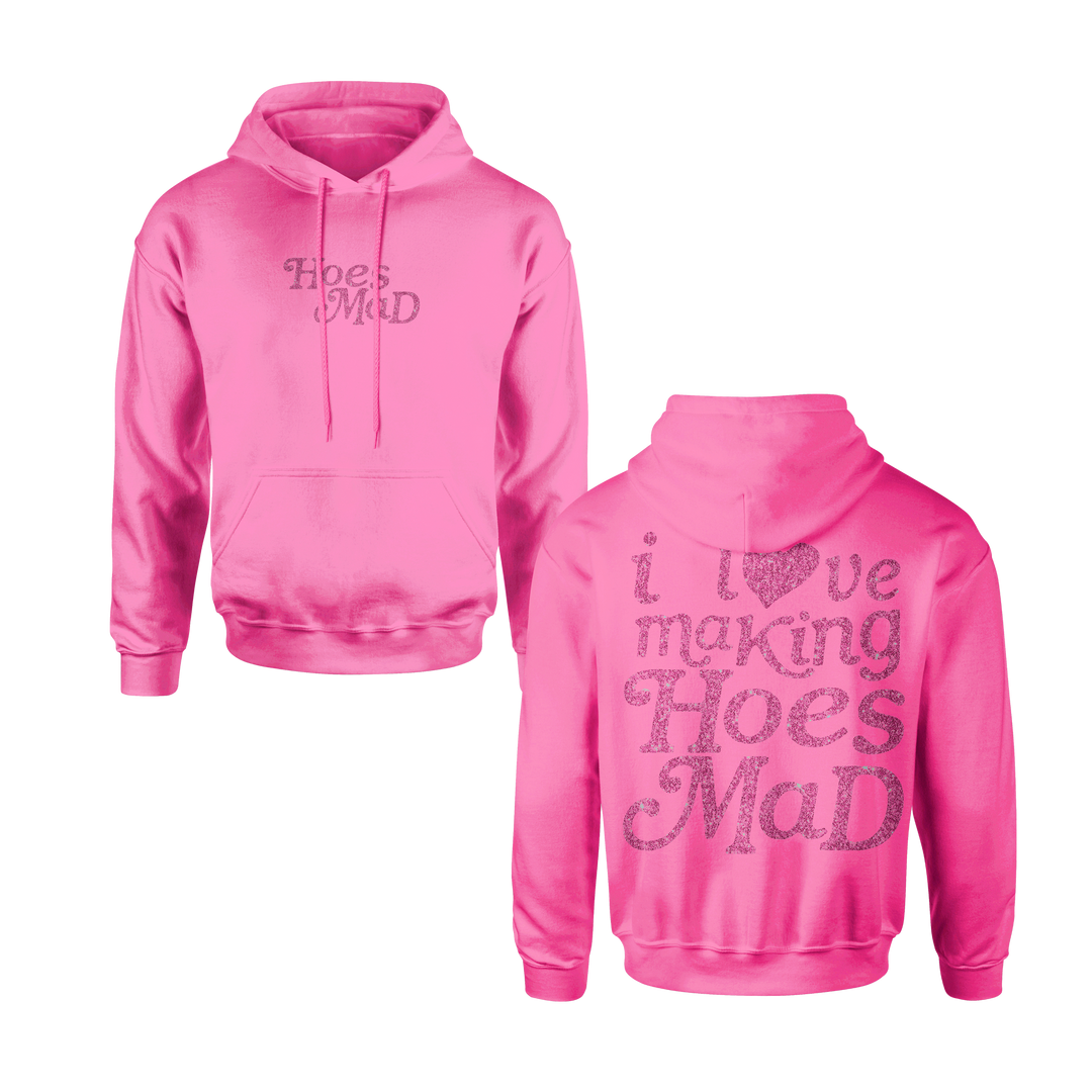 I LOVE MAKING HOES MAD GLITTER HOODIE - HOT PINK